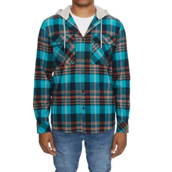 Eleven Paris Blue Columbia Plaid Hooded Shirt Jacket NWT Mens Size LARGE - Picture 1 of 14